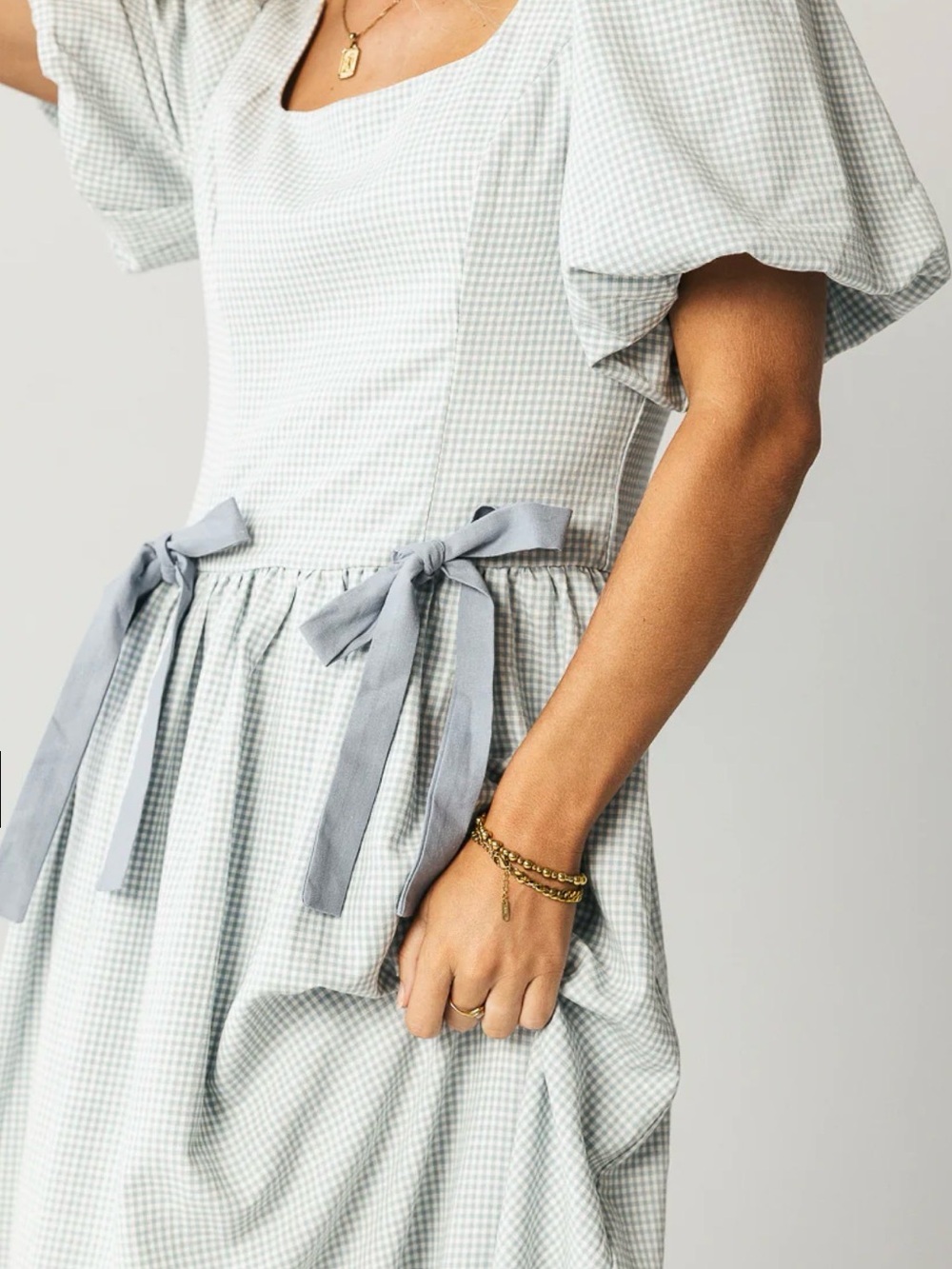 Boheme Light Blue Gingham Maxi Dress with Square Neck and Puff Sleeves - Picture 2 of 13